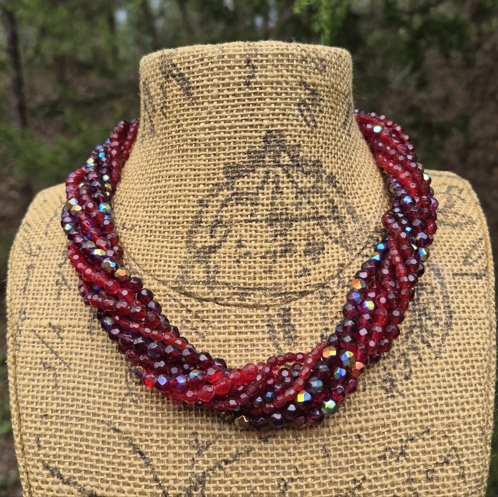 Red Faceted Multistand Beaded Necklace